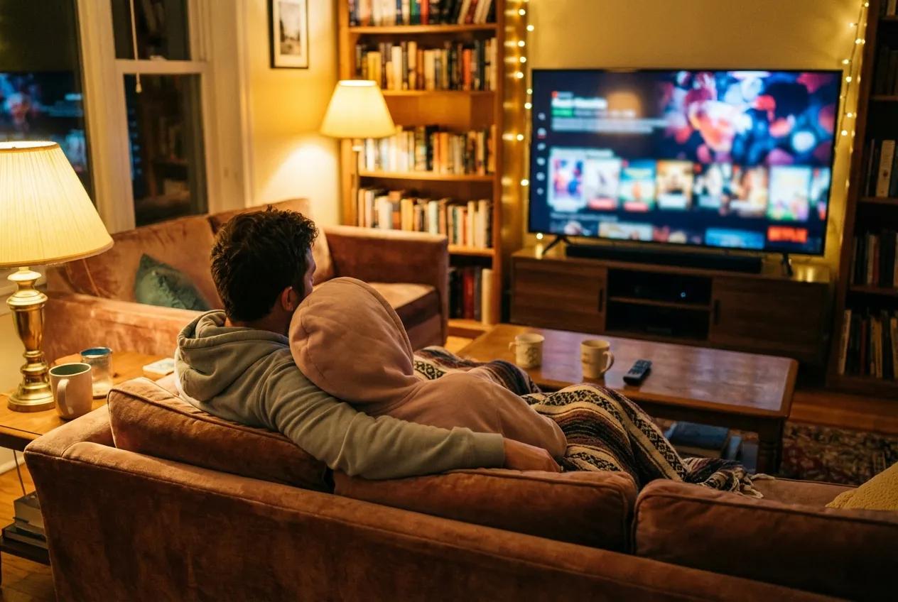 Couple watching a movie on their TV from the couch