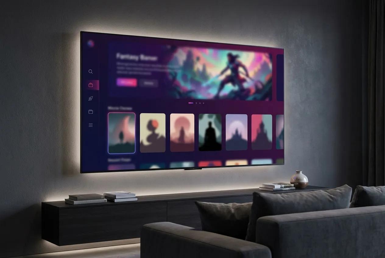 Movie store interface displayed on a large modern TV