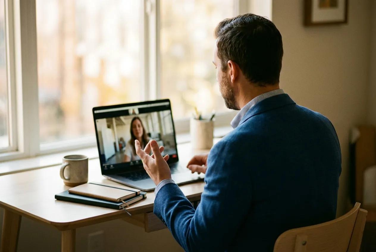 Professional video consultation call on laptop